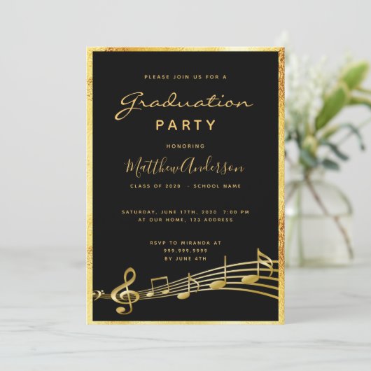 Afstudeerfeest zwart muziek goud kaart (Staand voorkant)