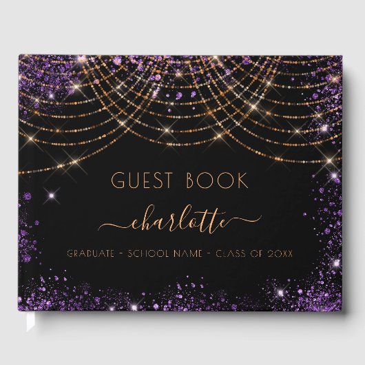 Afstudeerfeest zwart paarse gouden glitter 2025 gastenboek (Voorkant)