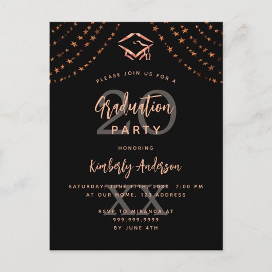 Afstudeerfeest zwart roos gouden sterren jaar uitnodiging briefkaart (Voorkant)