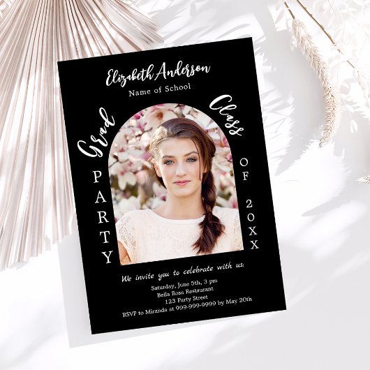 Afstudeerfeest zwart wit boog fotoklas 2025 kaart