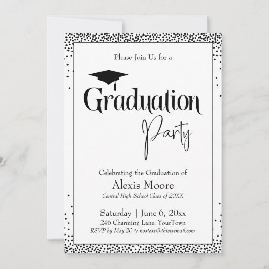Afstudeerfeest Zwart & Wit Confetti Kaart (Voorkant)