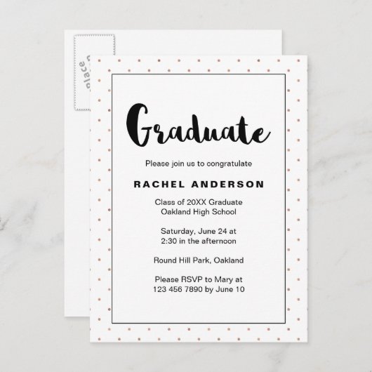 Afstudeerfeest Zwart-wit Faux Gold Stippen Uitnodiging Briefkaart (Voorkant / Achterkant)