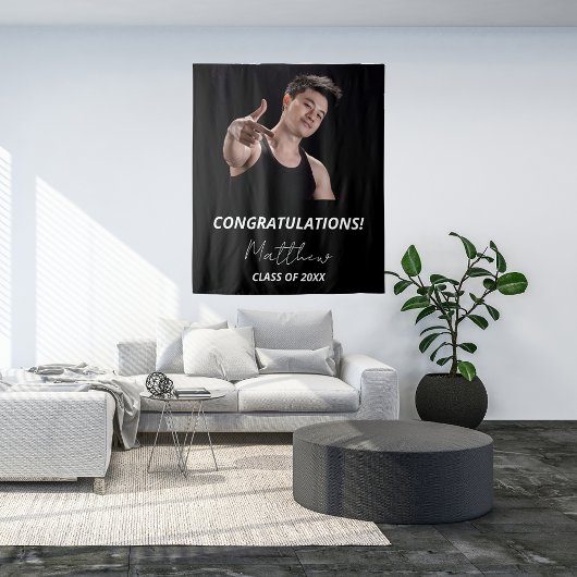 Afstudeerfeest zwart wit foto 2025 wandkleed