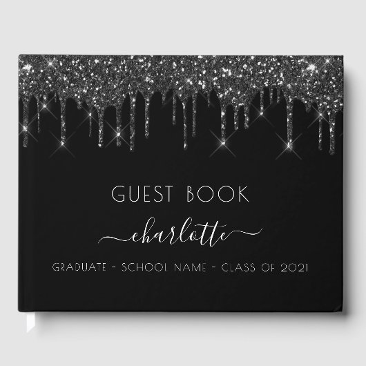 Afstudeerfeest zwart wit glitter gastenboek (Voorkant)