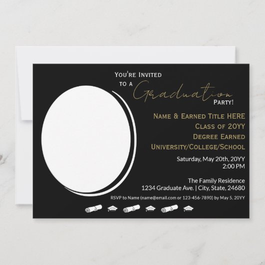 Afstudeerfeest Zwart, Wit, Goud & Afstudeerder Fot Aankondiging (Voorkant)