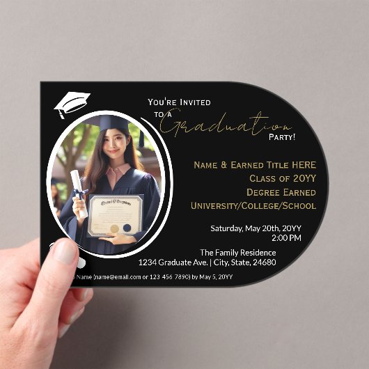 Afstudeerfeest Zwart, Wit & Goud, Afstudeerder Fot Acryl Uitnodigingen (Insitu (Draagbaar))