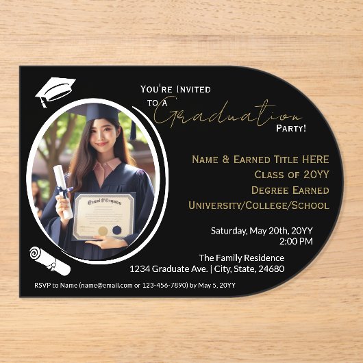 Afstudeerfeest Zwart, Wit & Goud, Afstudeerder Fot Acryl Uitnodigingen (Voorkant)