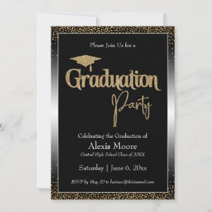 Afstudeerfeest Zwart & Wit Ombre Goud Confetti Kaart