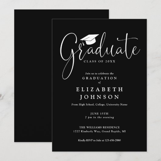 Afstudeerfeest zwart-wit script kaart (Voorkant / Achterkant)