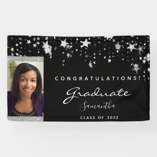 Afstudeerfeest zwart witte sterren foto 2025 spandoek (Horizontaal)