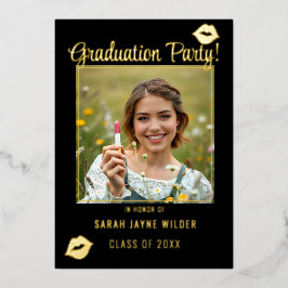 Afstudeerfeest Zwarte en Roze Lipstick Kusjes Folie Uitnodiging