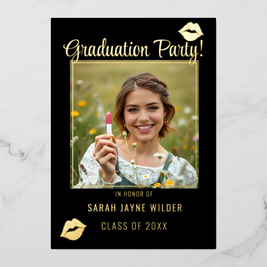 Afstudeerfeest Zwarte en Roze Lipstick Kusjes Folie Uitnodiging (Voorkant)