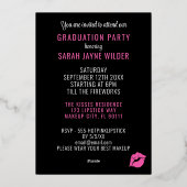 Afstudeerfeest Zwarte en Roze Lipstick Kusjes Folie Uitnodiging (Achterkant)