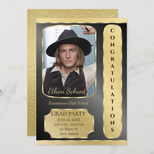 Afstudeerfeestuitnodiging Goud & Zwart Kaart (Voorkant / Achterkant)
