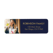 Afstudeerfoto Blauwe Gouden Script Retouradres Etiket (Voorkant)