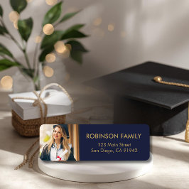 Afstudeerfoto Blauwe Gouden Script Retouradres Etiket
