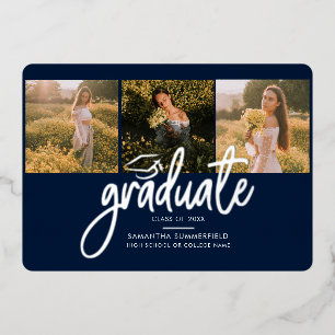 Afstudeerfoto Collage Script Navy Zilver 2026 Folie Uitnodiging