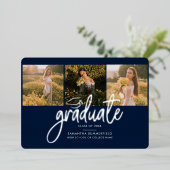 Afstudeerfoto Collage Script Navy Zilver 2026 Folie Uitnodiging (Staand Voorkant)