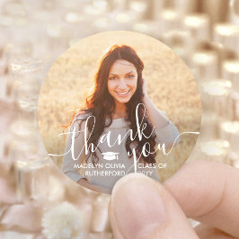 Afstudeerfoto & Elegant Wit Script Bedankt Ronde Sticker