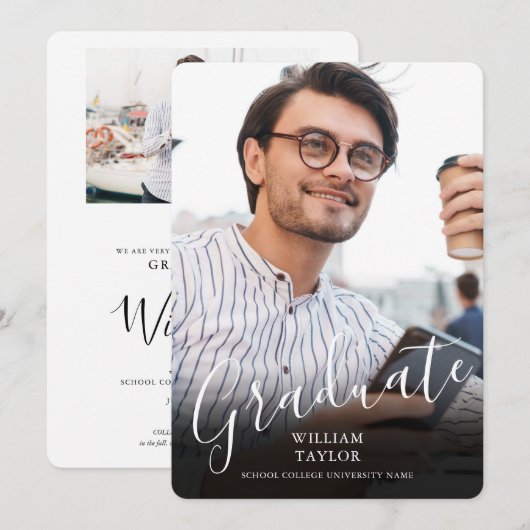 Afstudeerfoto Elegante Script Afstudeerbericht Aankondiging (Voorkant / Achterkant)