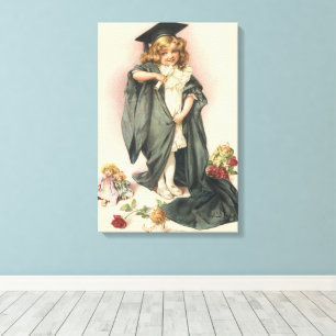 Afstudeerfoto, meisje met een baret en toga canvas afdruk