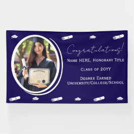 Afstudeerfoto & -pet, diploma congrats donkerblauw spandoek