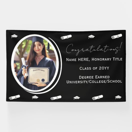 Afstudeerfoto & -pet, diploma in zwart-wit spandoek (Horizontaal)