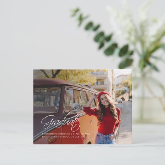 Afstudeerfoto Script Moderne Afstuderen 2025 Aankondigingskaart (Staand voorkant)