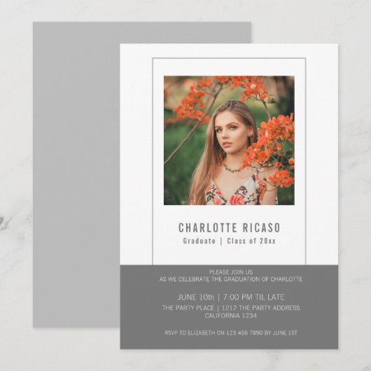 Afstudeerfoto sjabloon gepersonaliseerd grijs wit kaart (Voorkant / Achterkant)