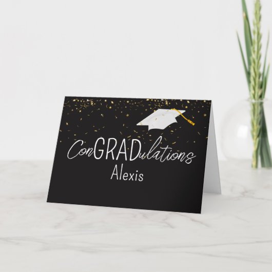 Afstudeergoud Confetti en Witte Hoed Kaart (Voorkant)