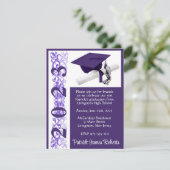 Afstudeerhoed & diploma, paarse en witte afstudere kaart (Staand voorkant)