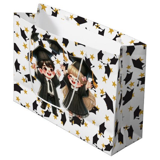 Afstudeerhoeden en sterren groot cadeauzakje (Voorkant Gekanteld)