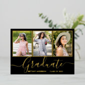 Afstudeerkaart met goud folie en 3 foto's uitnodiging (Staand Voorkant)
