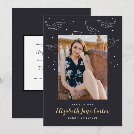 Afstudeerkaart met hoeden en confetti kaart (Voorkant / Achterkant)