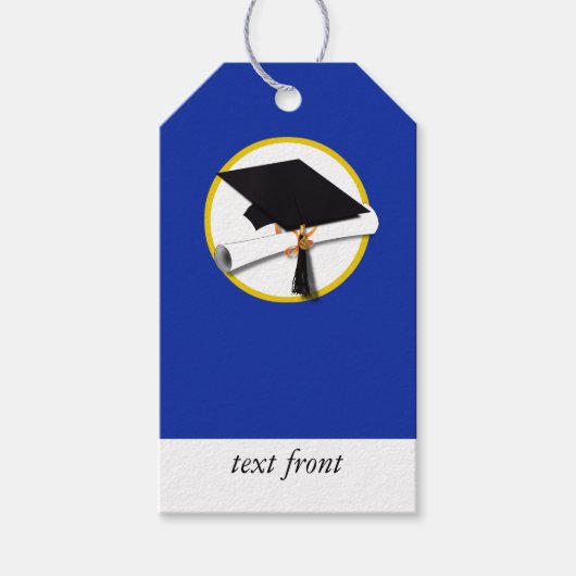 Afstudeerkap met diploma - blauw cadeaulabel (Voorkant)