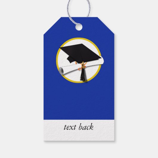 Afstudeerkap met diploma - blauw cadeaulabel (Achterkant)