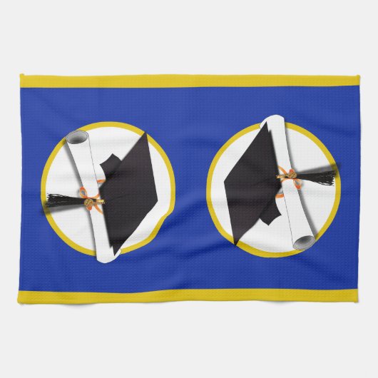 Afstudeerlampvoet met diploma - donkerblauwe achte theedoek (Horizontaal)