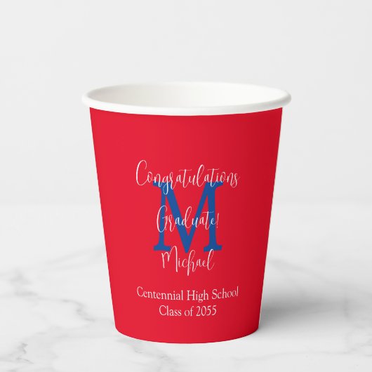 Afstudeerpartijnaam Rood Wit Blauw Monogram Papieren Bekers (Achterkant)