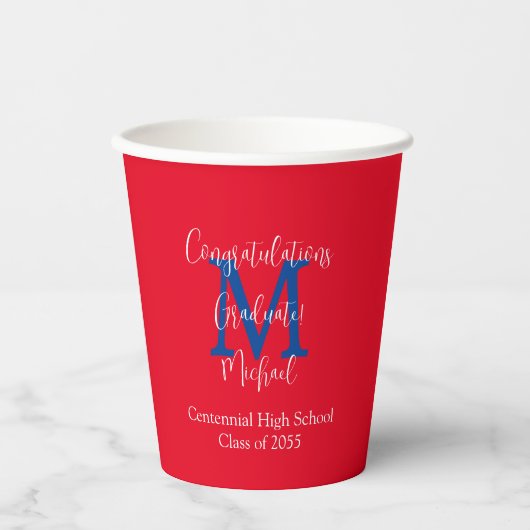 Afstudeerpartijnaam Rood Wit Blauw Monogram Papieren Bekers (Voorkant)