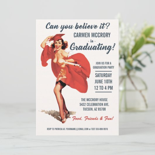 Afstudeeruitnodigingen | pin-up meisje Kaart (Staand voorkant)