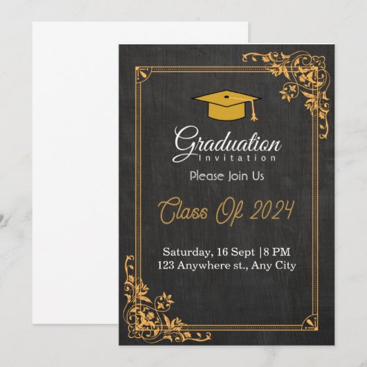 Afstudeeruitnodigingen | Zwart & Goud Kaart (Voorkant / Achterkant)