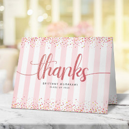Afstudeerwerk roze goud schrift roze en witte stre bedankkaart