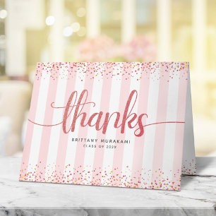 Afstudeerwerk roze goud schrift roze en witte stre bedankkaart