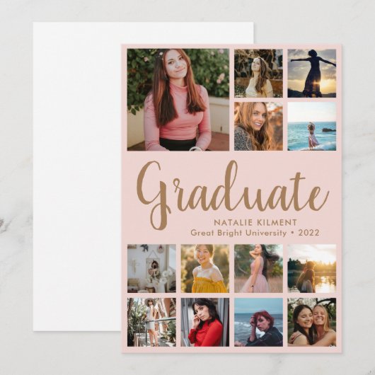 Afstuderen 13 Foto Collage Pink & Gold Afstuderen Aankondiging (Voorkant / Achterkant)