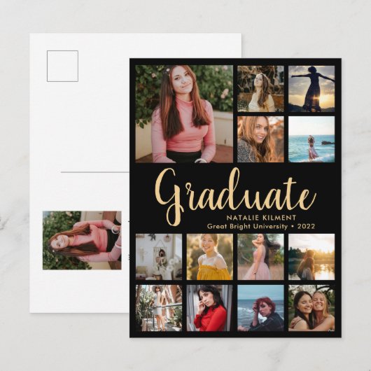Afstuderen 14 Photo Collage Black & Gold Afstudere Aankondigingskaart (Voorkant / Achterkant)