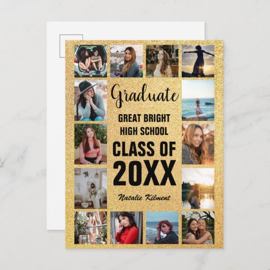 Afstuderen 14 Photo Collage Black & Gold Afstudere Aankondigingskaart (Voorkant / Achterkant)