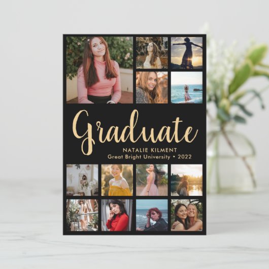 Afstuderen 14 Photo Collage Black & Gold Afstudere Kaart (Staand voorkant)
