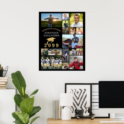Afstuderen 15 Fotocollage Congrats Zwart Goud Poster (Thuiskantoor)
