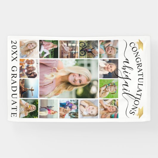 Afstuderen 15 Pet voor Photo Collage Script Gold Spandoek (Horizontaal)