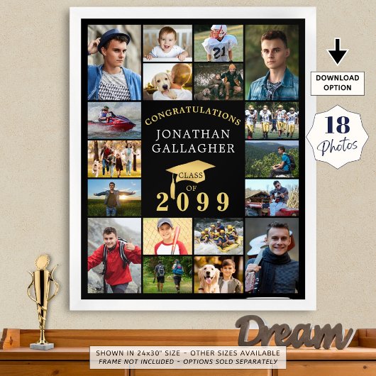 Afstuderen 18 Fotocollage Congrats Zwart Goud Poster